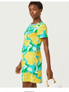 Lilly Pulitzer Cody Short Sleeve Yellow & Teal Floral Shift Dress NWT